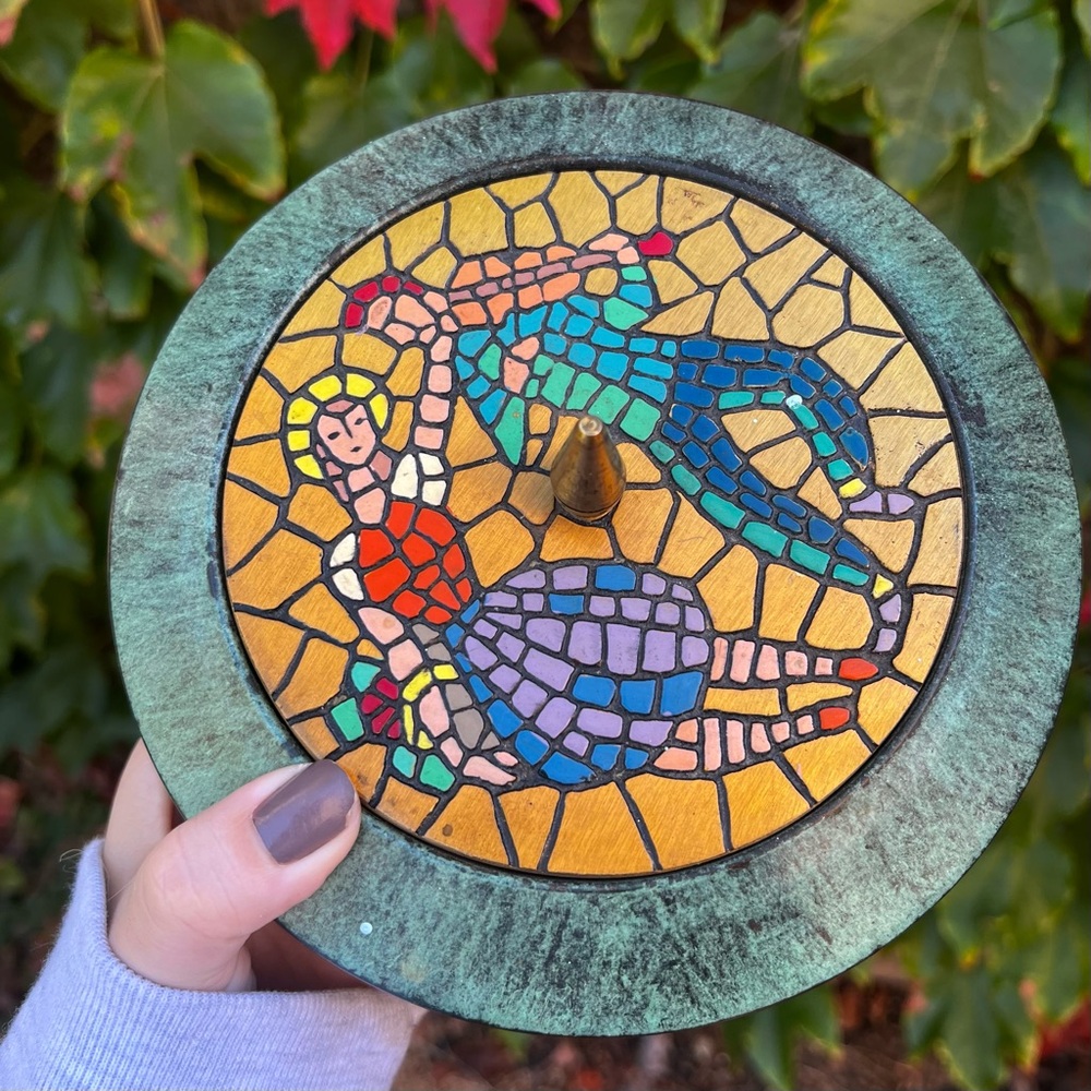 Vintage Dayagi Israel Mosaic Enamel Brass Bowl with Lid Green Patina Container